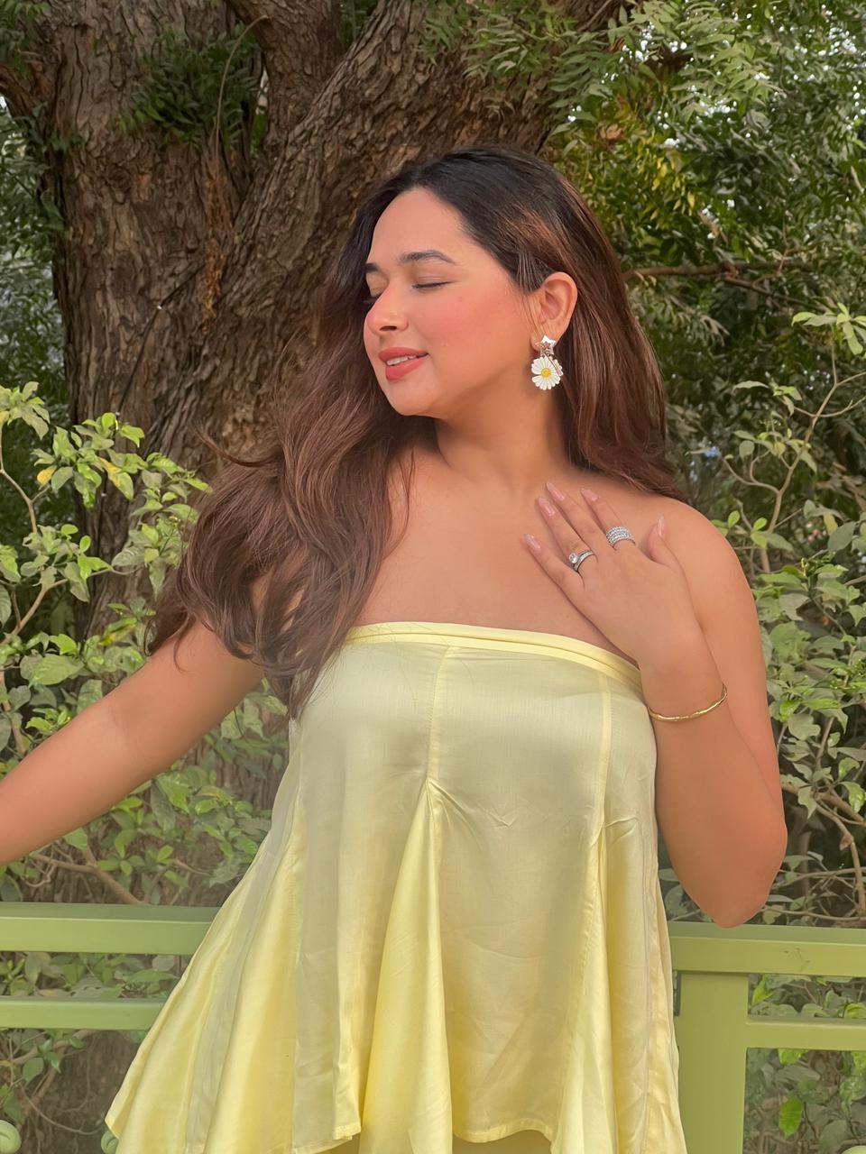 Butter yellow co-ord set styled casually — summer outfit women India Label WildChild