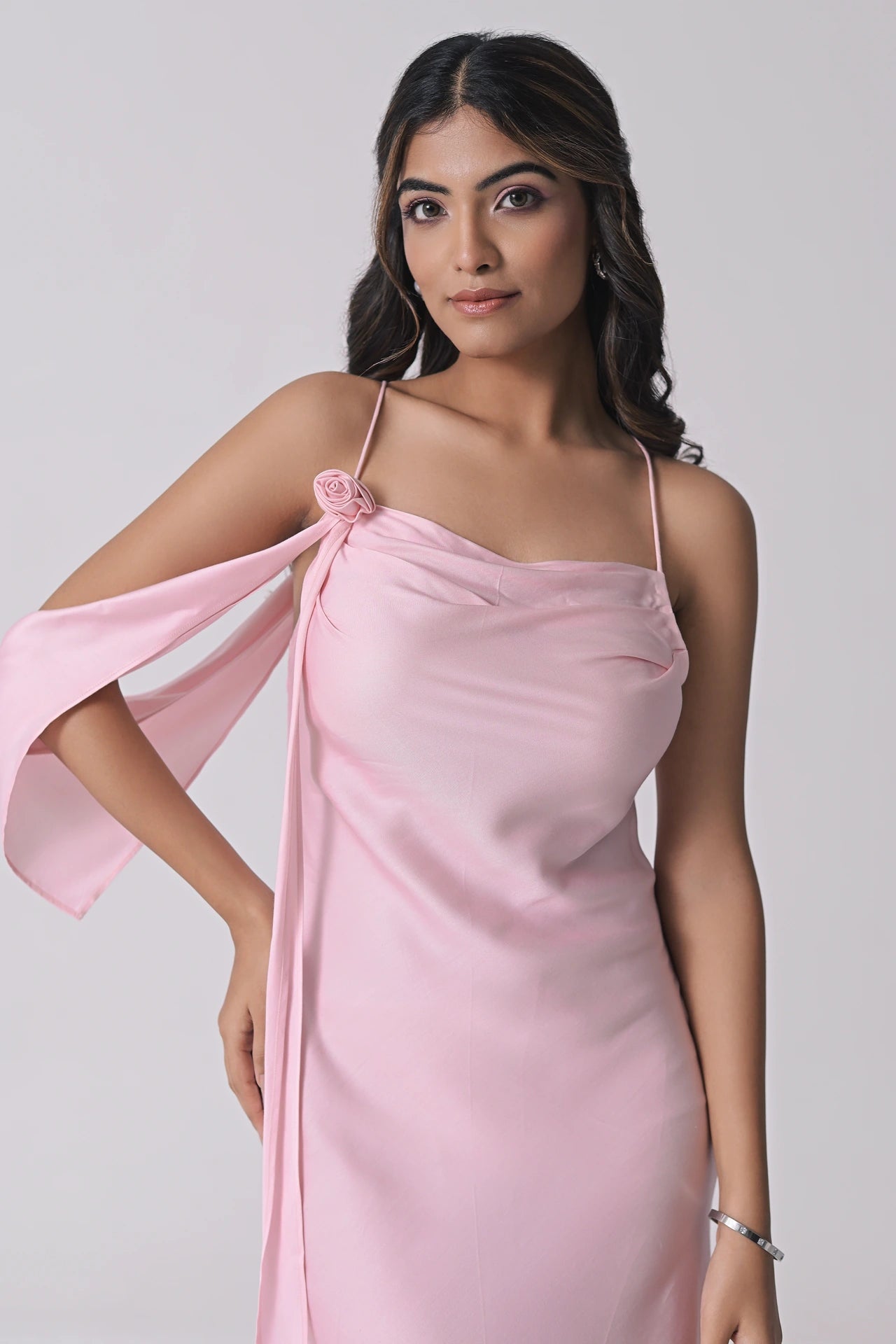 artisanal rose midi dress Rose Misa Pink Satin Midi Dress | Cowl Neck with Handcrafted Rose Detail