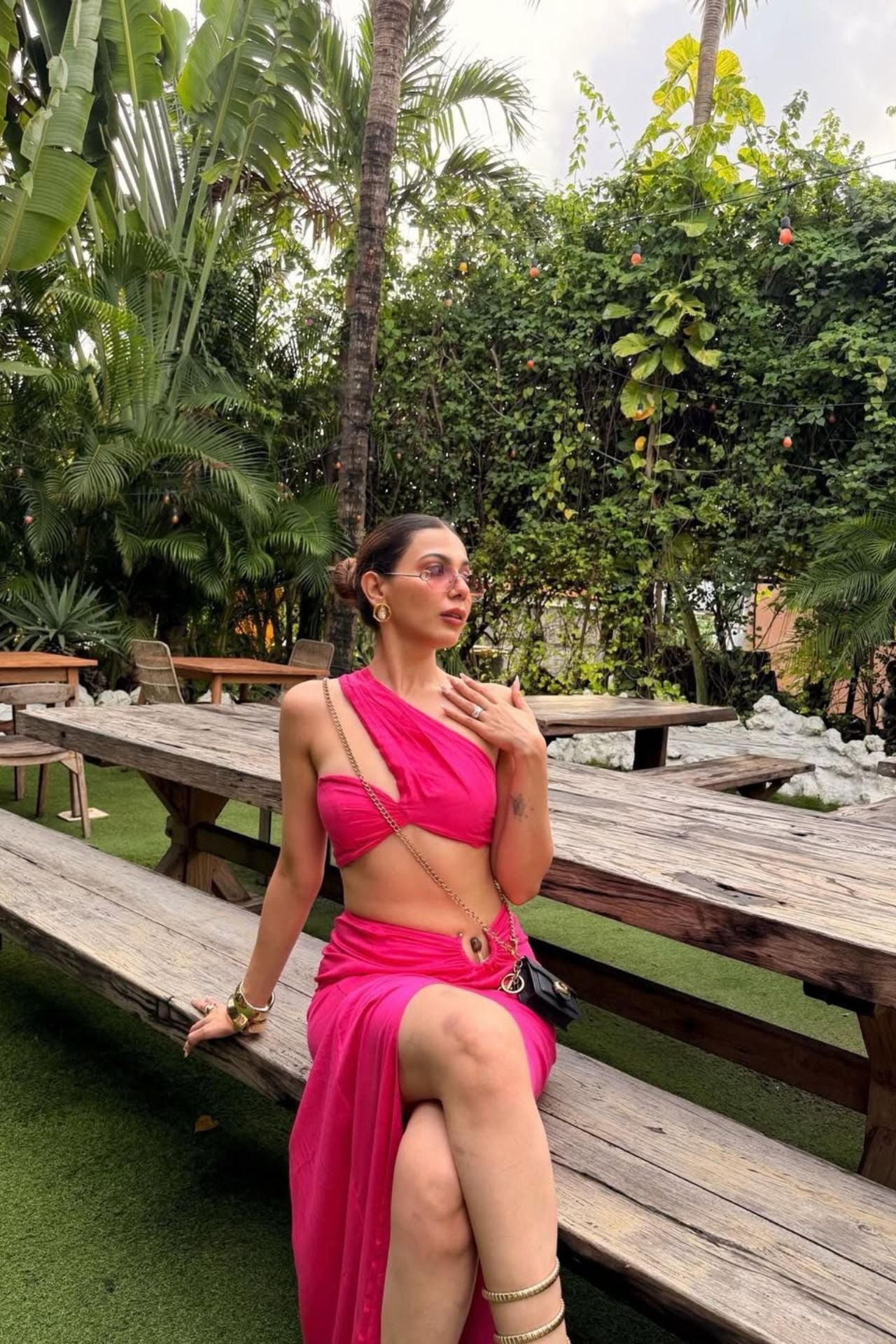 Rani Pink satin skirt with metallic trim — handmade co-ord set for women India