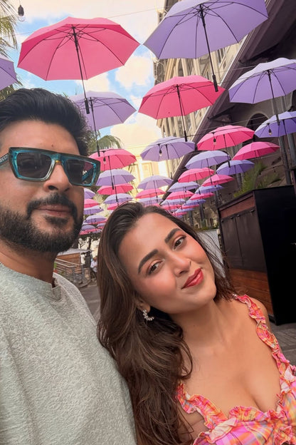 Tejasswi Prakash in plaid frill bustier co-ord — Desi Bling actress in Label WildChild India with Karan Kundra