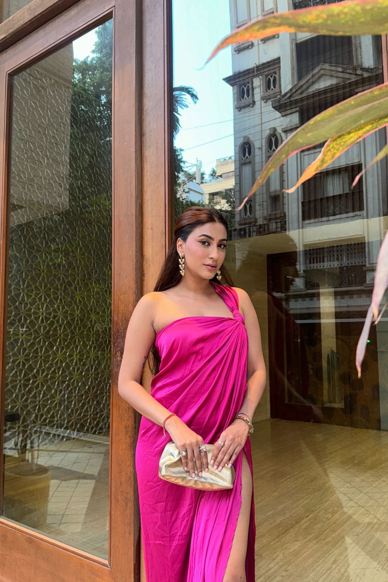 Magenta orchid satin one-shoulder maxi dress styled for evening — Label WildChild resort wear India