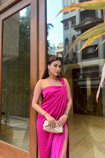 Magenta orchid satin one-shoulder maxi dress styled for evening — Label WildChild resort wear India