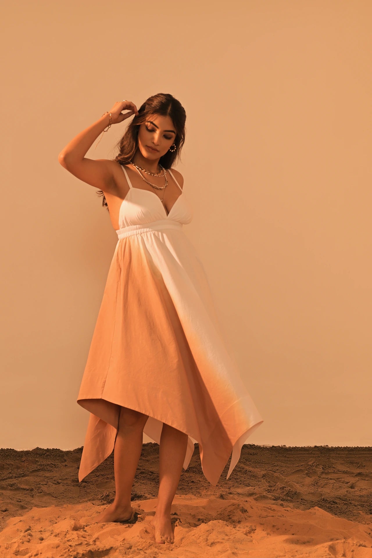 White Beige Ombre Cotton Handkerchief Dress for Women | V-Neck & Pockets | Brunch Beach Casual