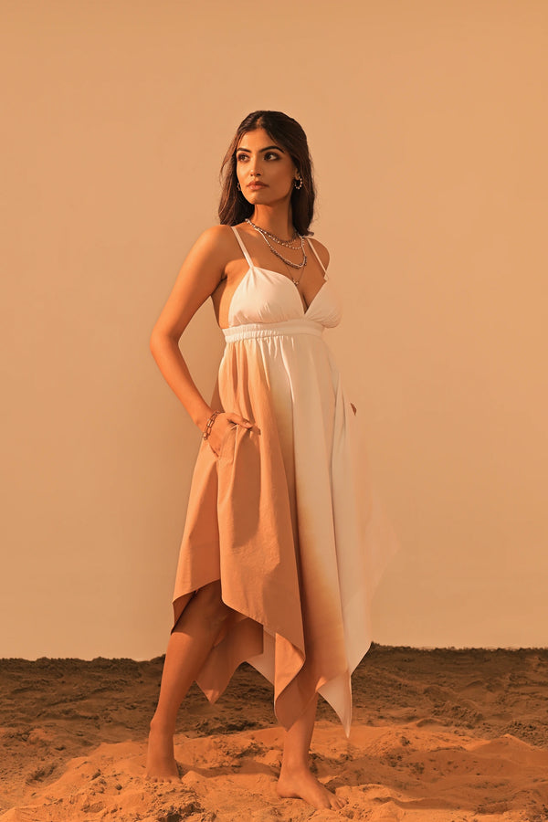 White Beige Ombre Cotton Handkerchief Dress for Women | V-Neck & Pockets | Brunch Beach Casual